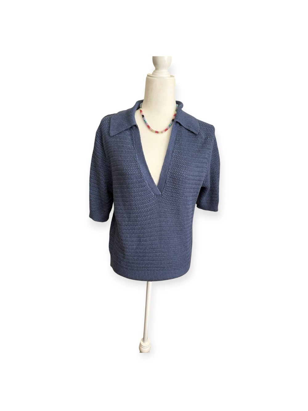 The Reset Deep V Collared Short-Sleeve Knit Top - Blue